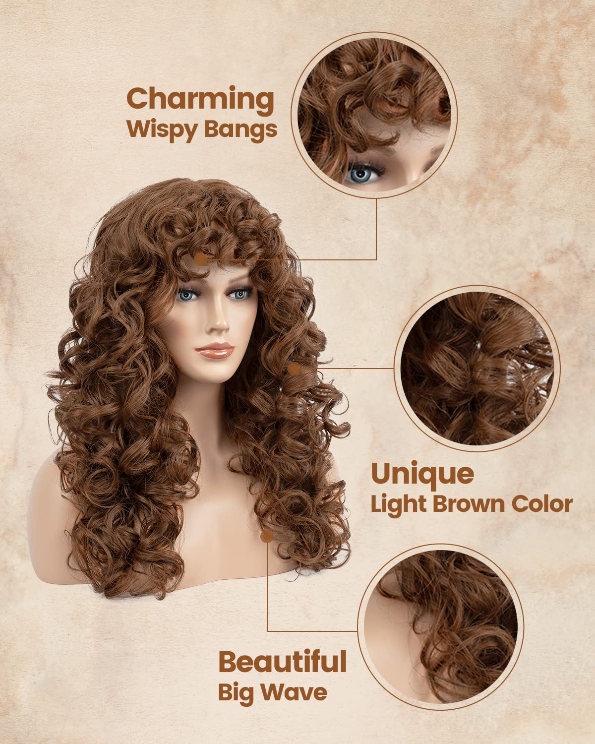 Curly Wig with Bangs for Women FLUFYMOOZ Light Chocolate Brown Long Curly Wig 21 Inch Curls with Wispy Bangs Heat Resist Soft Synthetic Wig for Women Daily Halloween Cosplay - Image 3