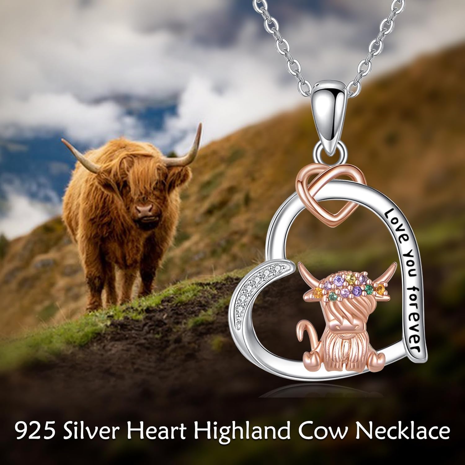 Highland Cow Necklace S925 Sterling Silver Heart Highland Cow Pendant Necklaces Animal Jewelry Gifts for Women Mom Wife - Image 5