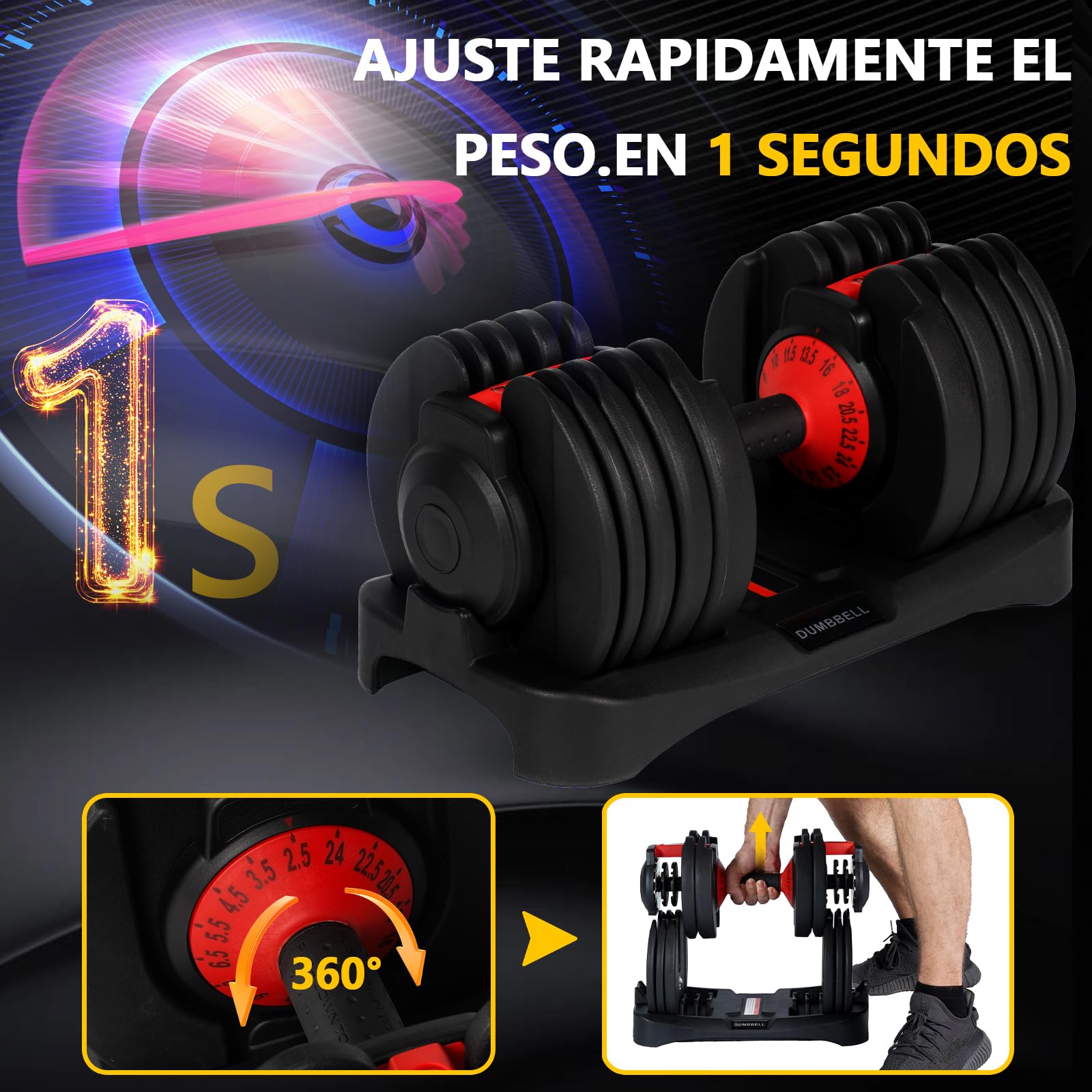 48kg Mancuerna Ajustable,Pesas y Mancuernas,Mancuerna Cortas Ajustables,15 Niveles de Peso,Ajuste Rápido Ajuste Con Una Sola Pulsación,Juego de Mancuernas con Discos de Pesas (Dos 48kg)