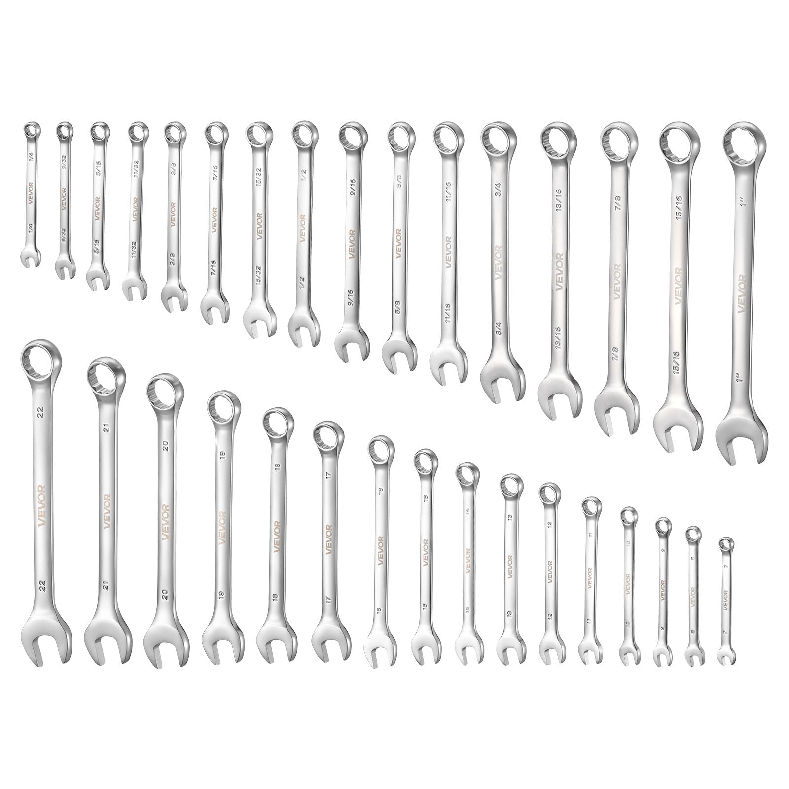 VEVOR Set di Chiavi Combinate a Cricchetto 32 Pezzi, Chiavi a Cricchetto Metriche e SAE, Profilo a 12 Punti e Bocca Angolata a 15°, in Acciaio al Carbonio, con Custodia Arrotolabile, Finitura Argento