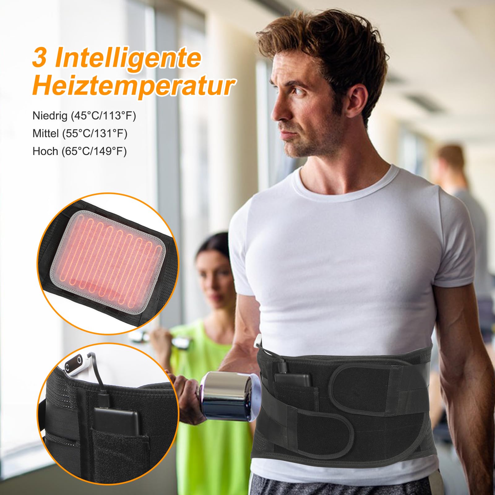 Heizgürtel, Beheizte Rückenstütze, Untere Rückenstütze mit Heizkissen für Frauen und Männer, Elektrischer Wärmegürtel Rücken mit 5000mAh Powerback, für Schmerzen im unteren Rückenbereich, L