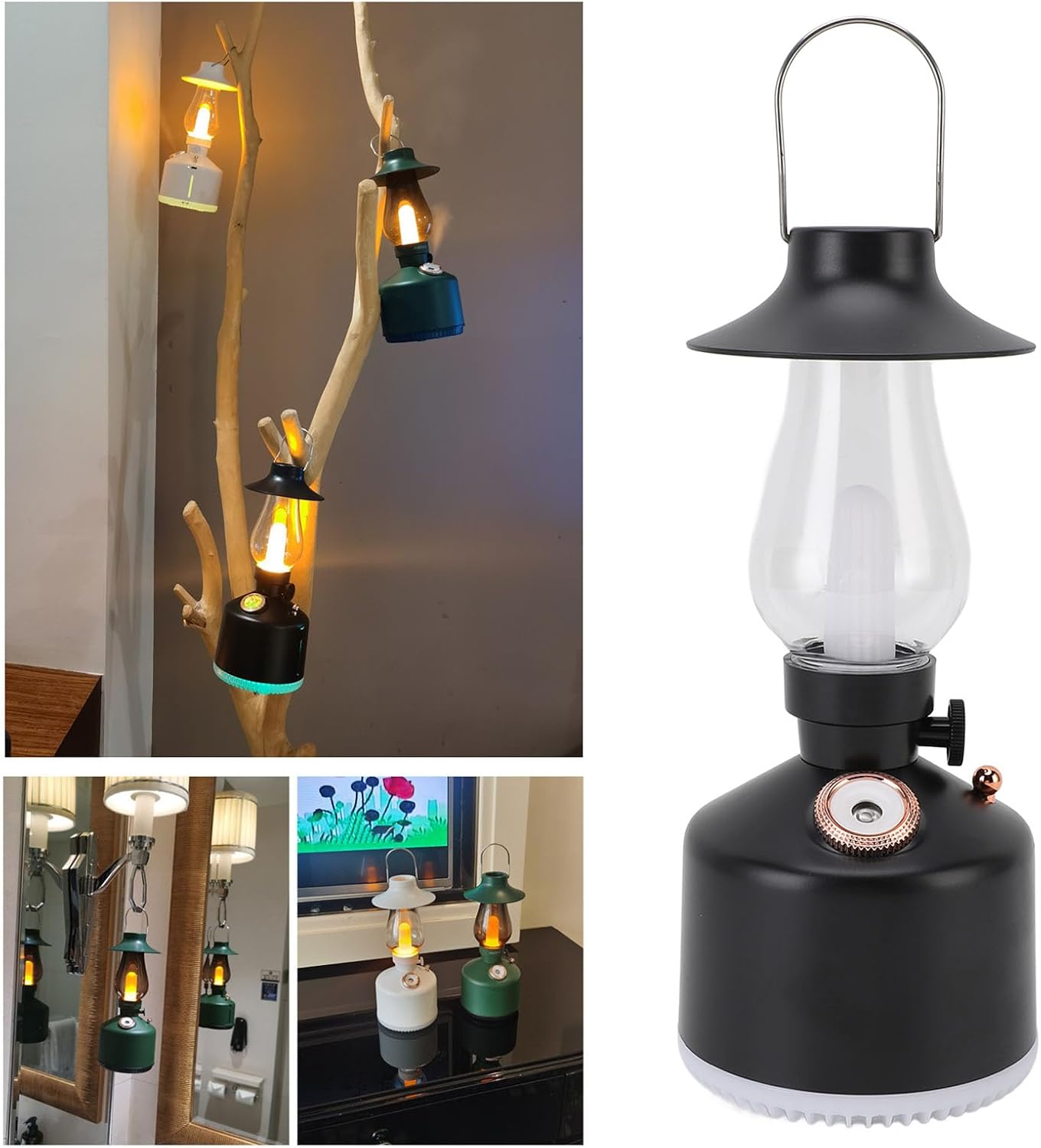 Humidifier Vintage Lantern with Lamp, Aromatherapy Diffuser USB Rechargeable Dimmable Ultrasonic Misting Humidifier Lamp, Kerosene Lamp Shaped, 280 ML (Black)