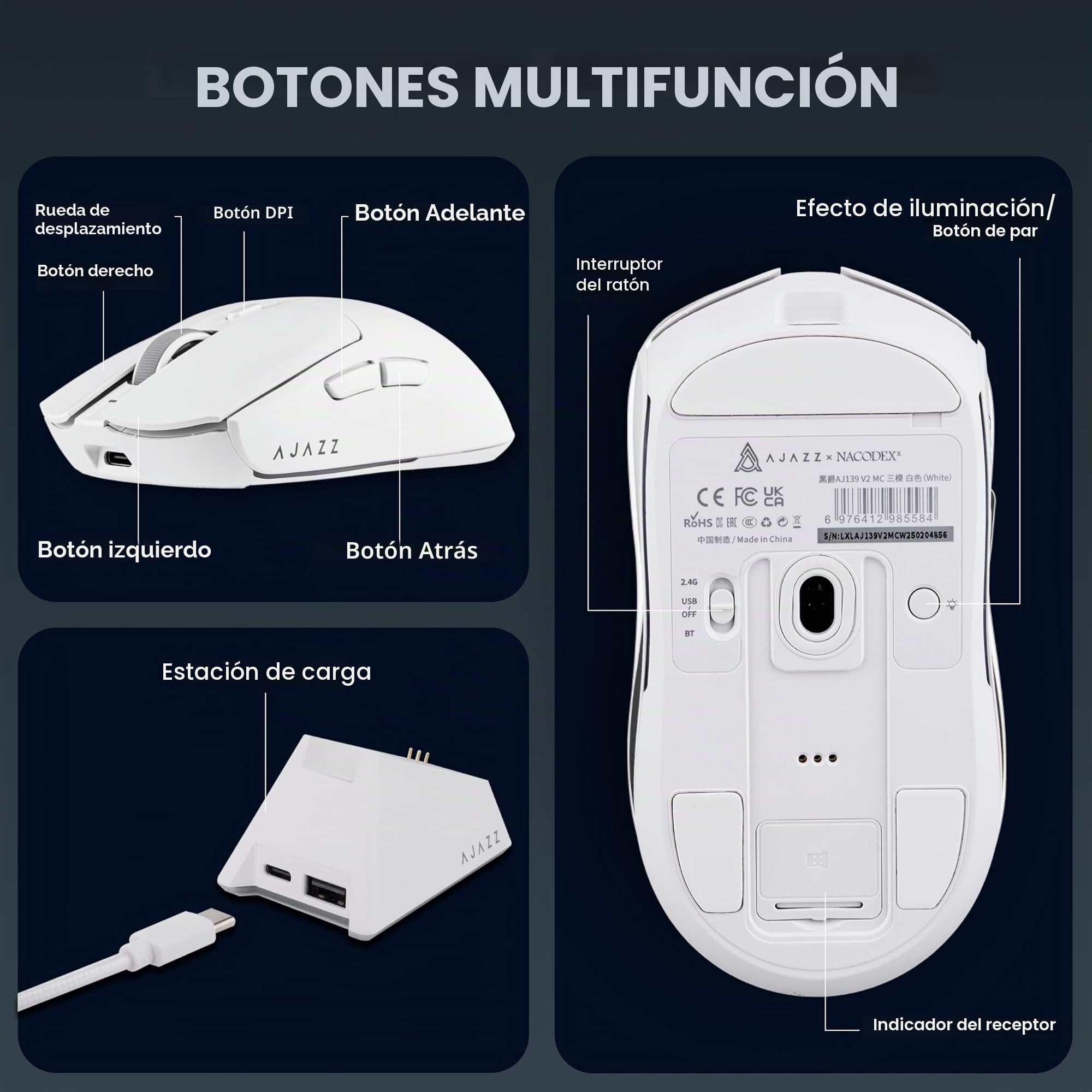 MechLands AJAZZ AJ139 V2 MC ratón para juegos con base de carga, DPI ajustable de 12.000, sensor PAW3311, ratón inalámbrico de 3 modos, batería de 500mAh, tasa de sondeo de 1000, 66g de peso ligero