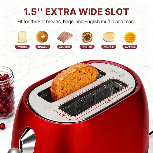 Miniatura 2 de Tostadora de 2 rebanadas con pantalla táctil inteligente, tostadora digital retro de 1.5 pulgadas con ranura extra ancha de acero inoxidable con