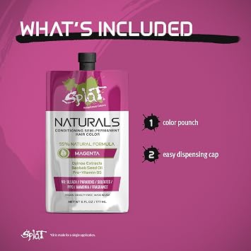 Splat Naturals Semi-Permanent Hair Color, Magenta, 6 fl. oz., 95% Natural Hair Dye Formula Lasts Up to 30 Washes, Vegan & Cruelty-Free