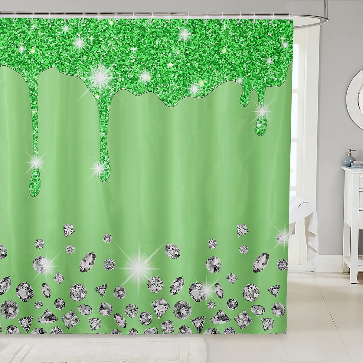 Loussiesd Silver Glitter Shower Curtain (No Glitter) Bling Partyations Bathroom Fabric for Diamond and Jewelry Green Bath Curtain Waterproof Curtains Stalls Bathtubs 59x71 Inch — image 1