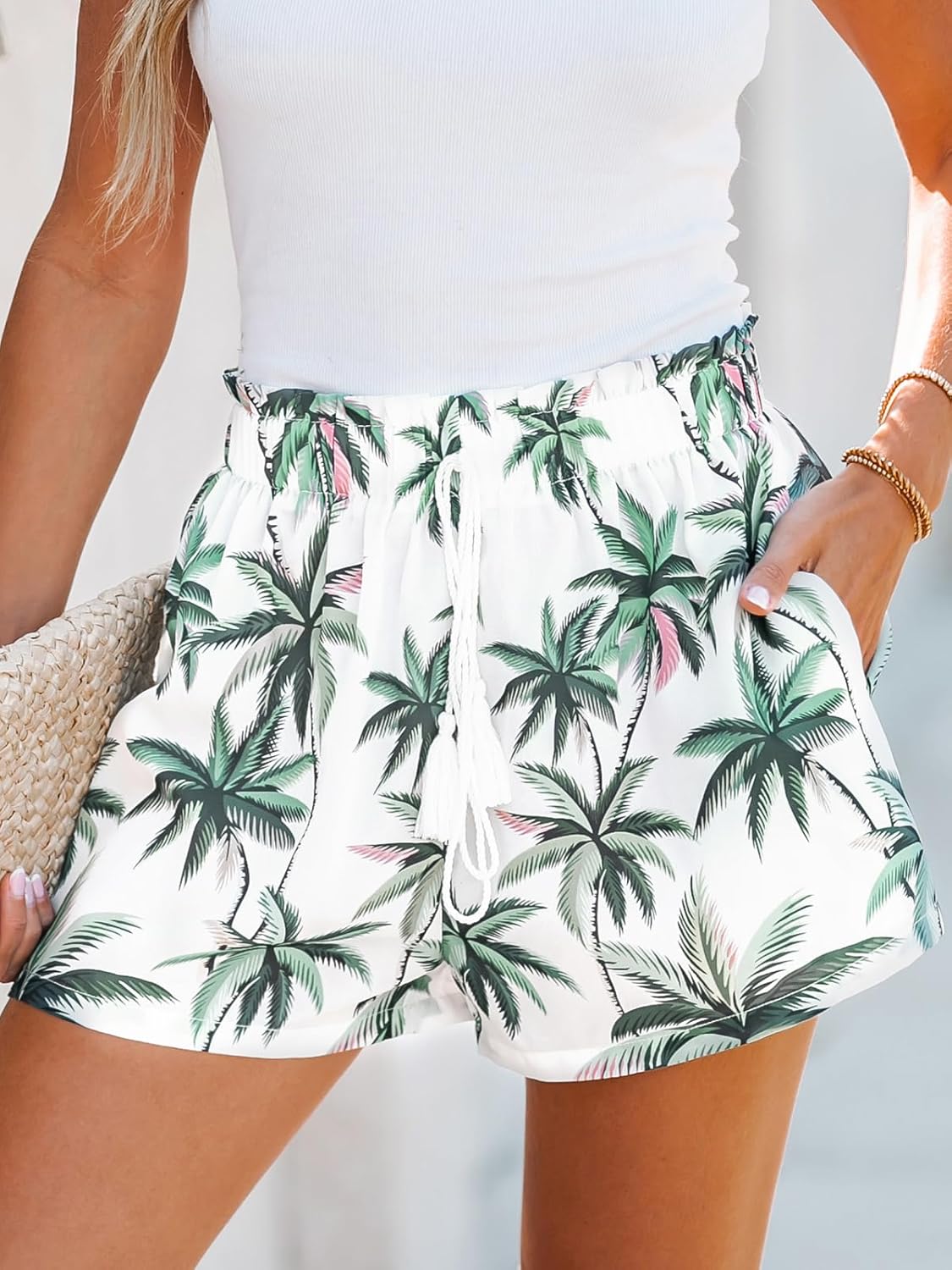 CUPSHE Womens Summer Beach Shorts High Waist Drawstring Wide Leg Printed Casual Shorts with Pockets - Image 4