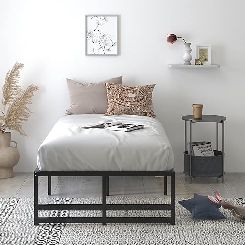 Allewie Base de cama de plataforma de tamaño individual resistente con almacenamiento de espacio de 14 pulgadas, fuerte soporte de listones de