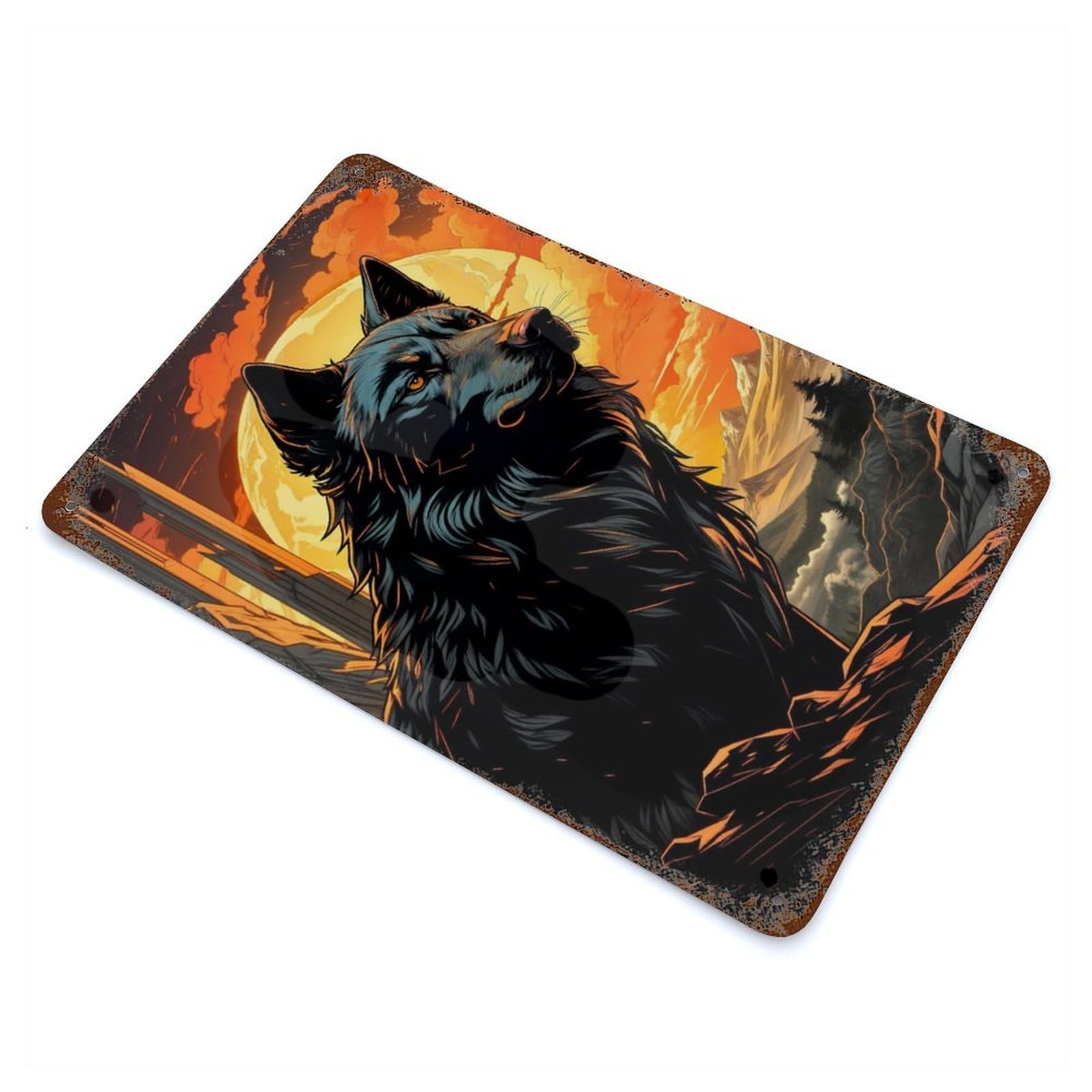 Garage Style Majestic Black Wolf Moon Weathered Tin Sign 11.8"x7.9", Classic Wall Plaque for Bar And Workshop
