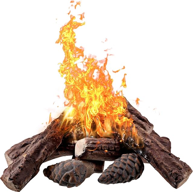 Gas Ventless Fireplace Log Set, Faux Fireplace Logs Ceramic Wood Fake Log for Winter Firebowl Propane Gas Fireplaces Fire Pits, Electric Outdoor Indoor Fireplace Decoration (Plain Colors, 10 Pieces)