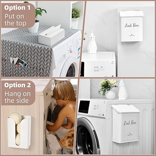 Miniatura 10 de SUBEKYU Juego de contenedor magnético para pelusa y hojas de secadora para lavandería, cubo de basura de metal con tapa y caja de pelusa magnético