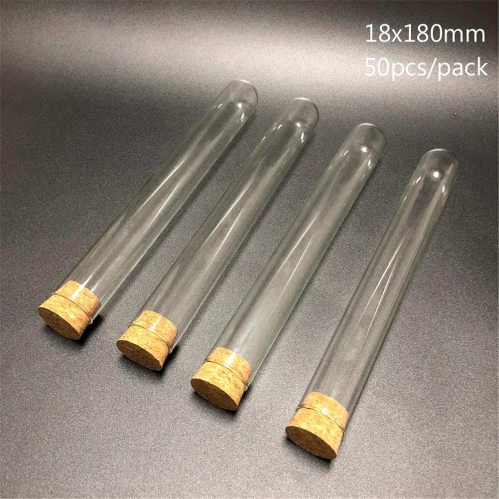 Cristalería de Laboratorio Tubo de ensayo de vidrio de fondo redondo con tapón, 18 x 180 mm, 50 unidades por paquete.