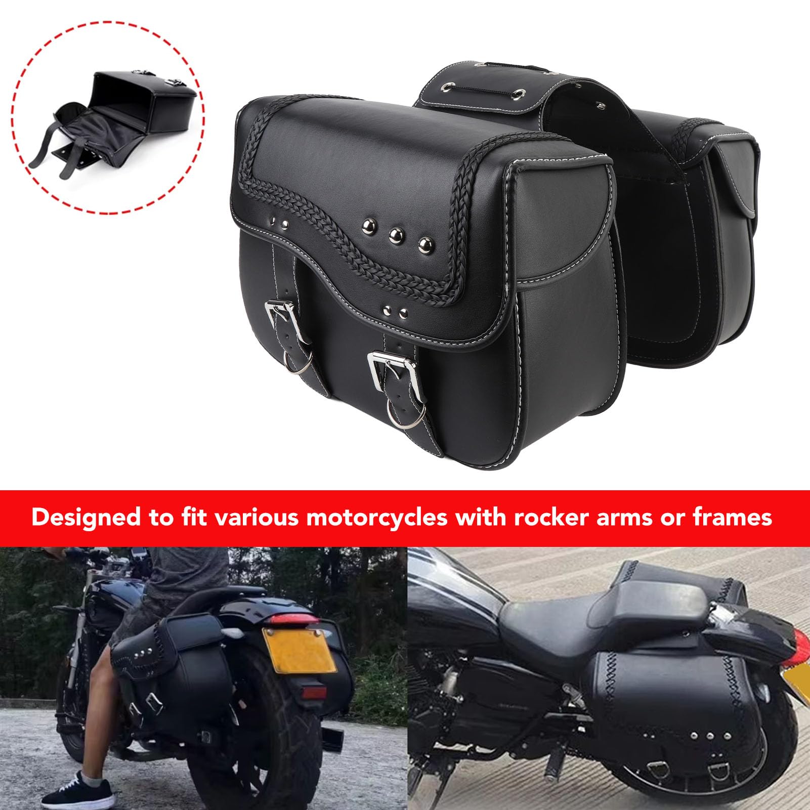 Yctze Borse Laterali per Moto, Borse Laterali Impermeabili in Pelle PU da 30 Litri con Corda Regolabile, Misura Universale per la Maggior Parte delle Motociclette