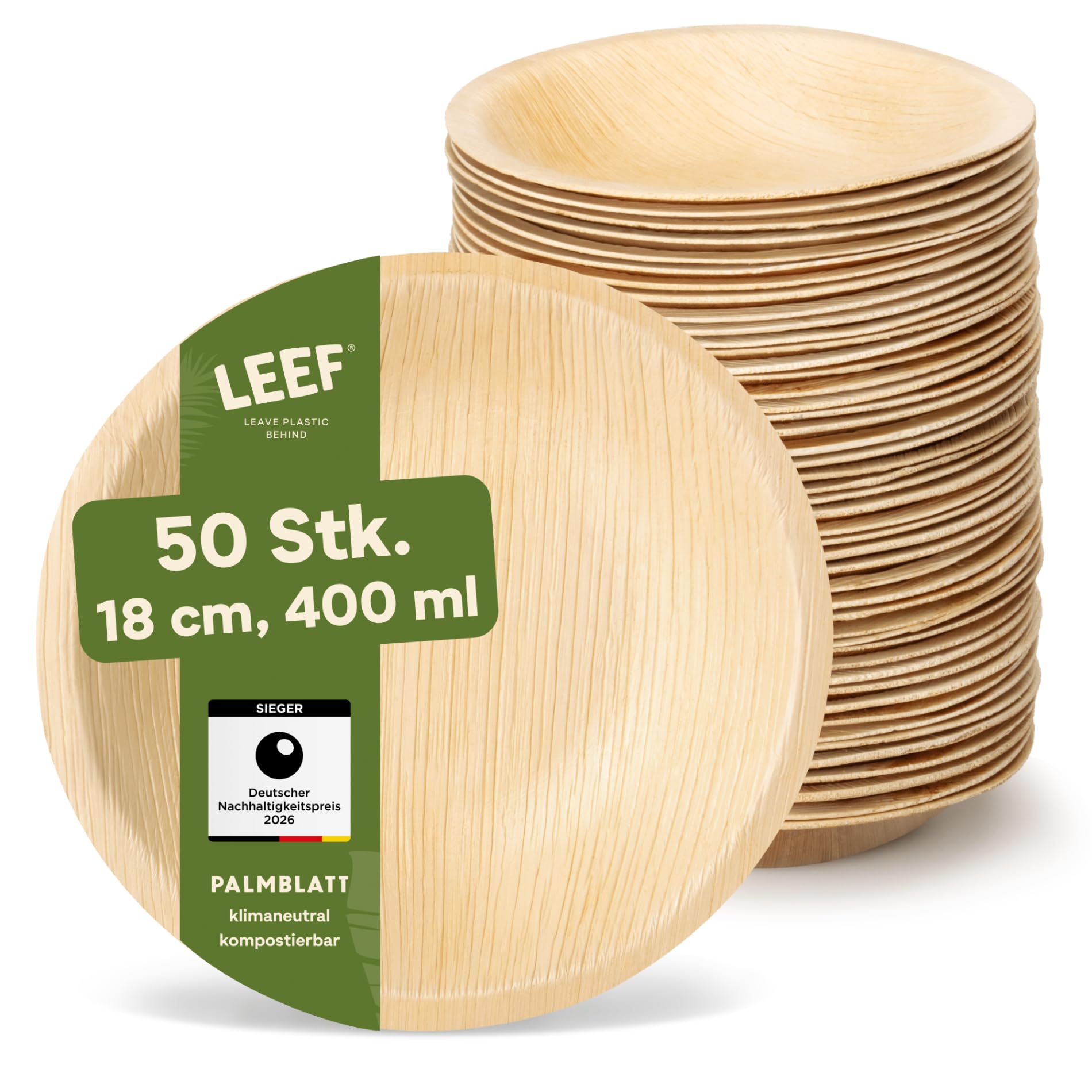 Leef 50x Palmblatt Schalen rund - Einweggeschirr kompostierbar und naturbelassen - Ø18 x 3,5 cm - umweltfreundlich - Geschirr Partygeschirr Einwegteller