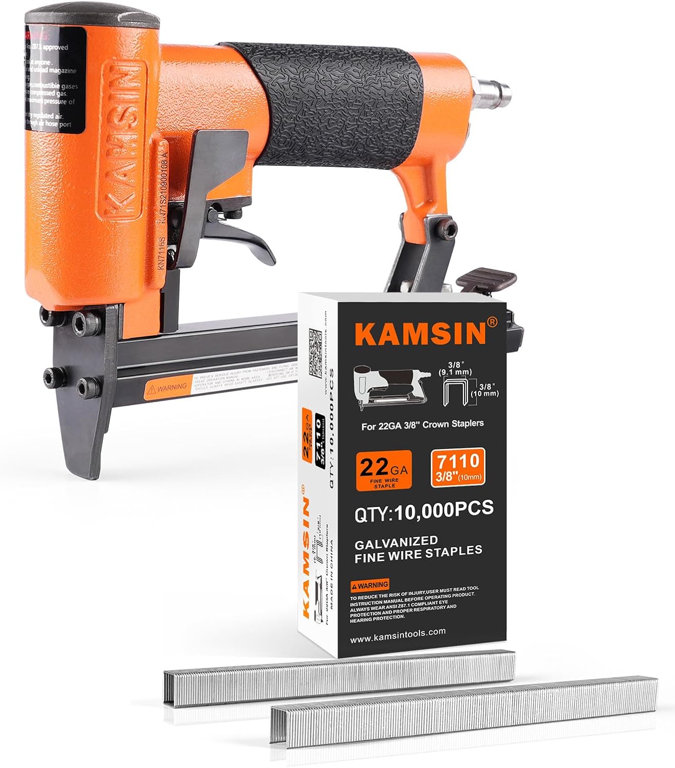 KN7116S 22 Gauge Pneumatic Upholstery Stapler Bundle with 10,000pcs 3/8” Crown 3/8” Leg Length KAMSIN 7110 Staples