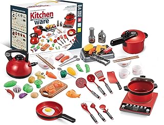 LAOJIA Tocar frutas comidas 52 PCS Brinquedo infantil de cozinha para brincar de brinquedo com panelas e frigideiras Conjunto de brinquedos para crianças, frutas e utens