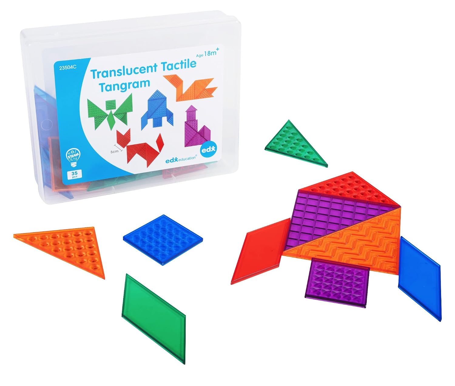 edxeducation Translucent Tactile Tangrams - Set of 35 - Large, Plastic Shapes - Learn Shapes, Colors and Textures - Sensory Manipulative for Kids