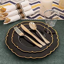 Morejoy 175PCS Black Gold Plastic Plates, Black Plate with Rolled Napkins: 50 Plates, 25 Spoons, 25 Forks, 25 Knives, 25 Cups for Wedding & Party & Birthday & New Year & Halloween