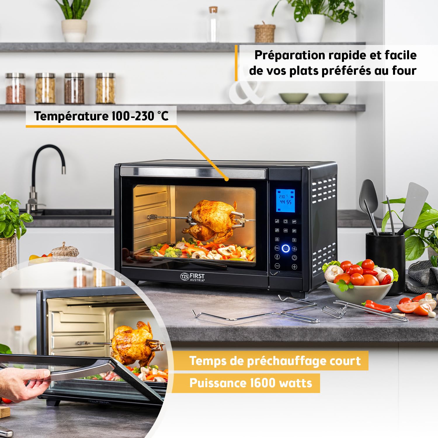 TZS First Austria - Mini-Four Numérique 30L 1600W Four avec réglage de la température jusqu'à 230°C, Avec minuteur de 60 min, 3 hauteurs d'insertion, plaque et grille, Pour petites cuisines et camping