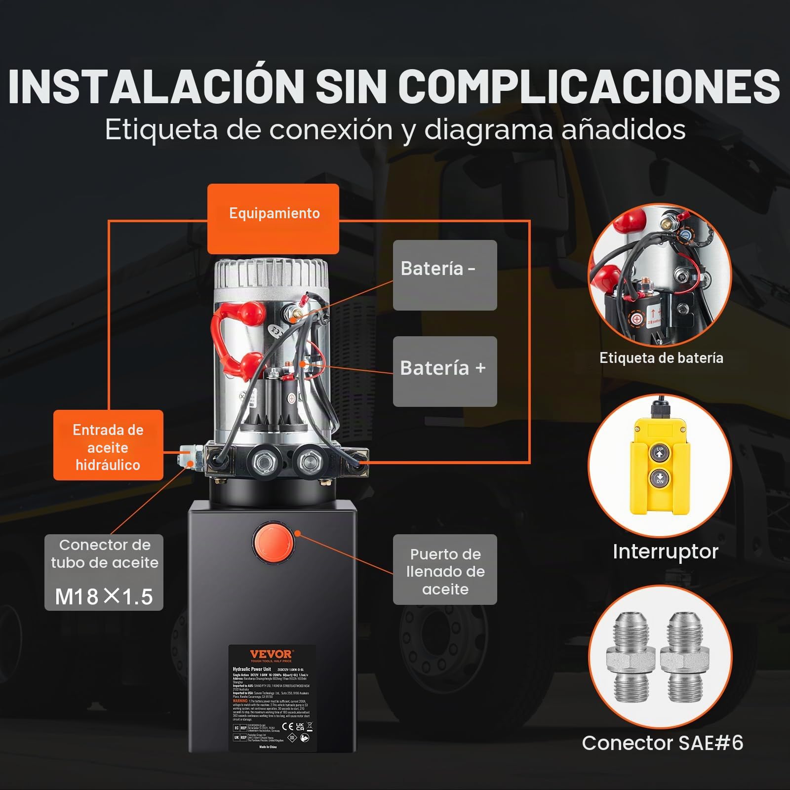 VEVOR Bomba Hidráulica DC 12 V 6 L Unidad Hidráulica de Doble Acción Flujo de Aceite 3,44 L/min Presión Máxima de Descarga 22 MPa para Volquete, Plataforma Elevadora, Remolque, Elevación y Descarga