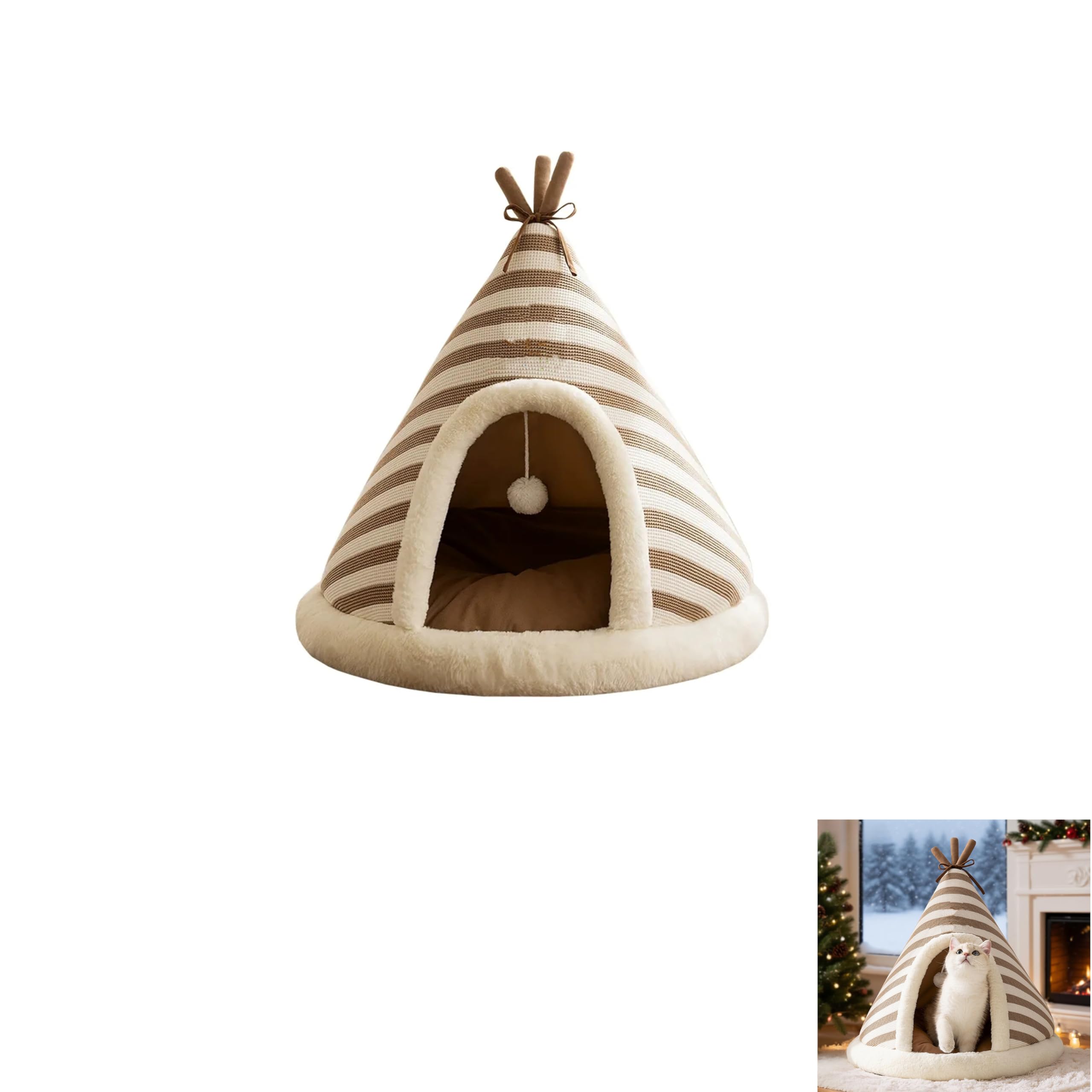 Cat Tent Bed Indoor, Knitted Enclosed Pet Igloo House, Cozy & Warm Cat Cave with Integrated Washable Cushion, Non-Slip Bottom for Cats & Small Dogs (Brown,S)