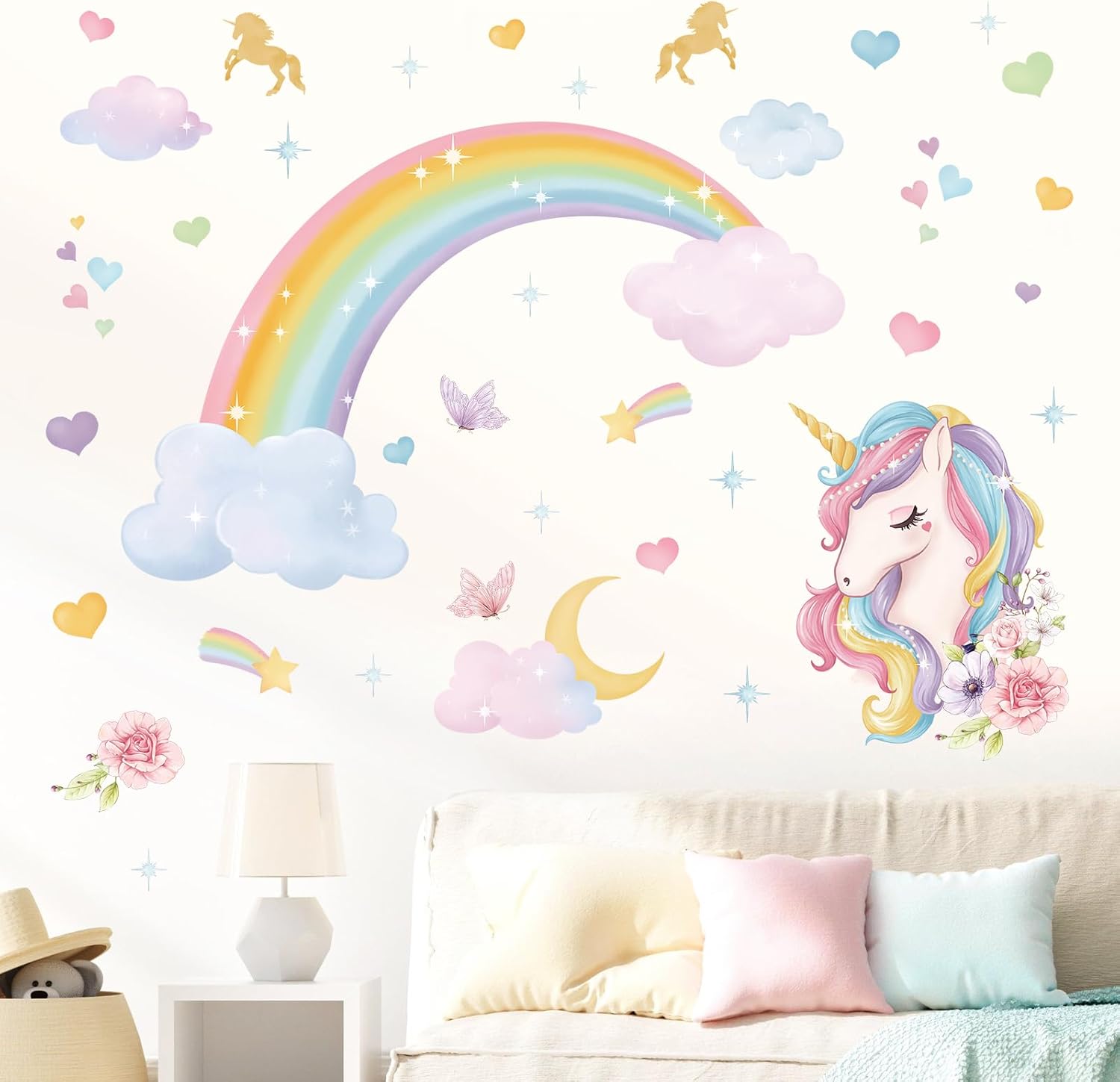 wondever Rainbow Wall Stickers Unicorn Clouds Peel and Stick Wall Art Decals for Girls Bedroom Kids Room Baby Nursery - Image 3