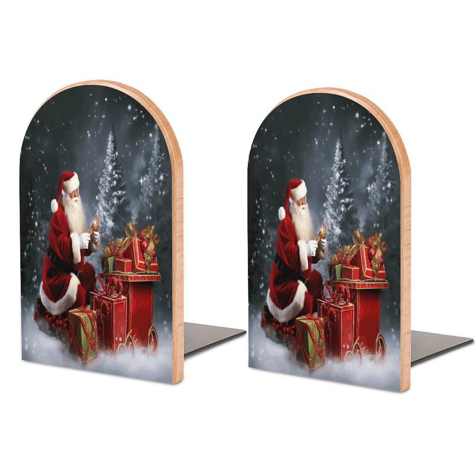Merry Christmas Santa's Gift Bookend for Shelves Non-Skid Book Holder Modern Heavy Duty Bookend Stopper Metal Base Wood Book End Books Shelf Holder Home Decorative 1pair 5x3.9x3.1
