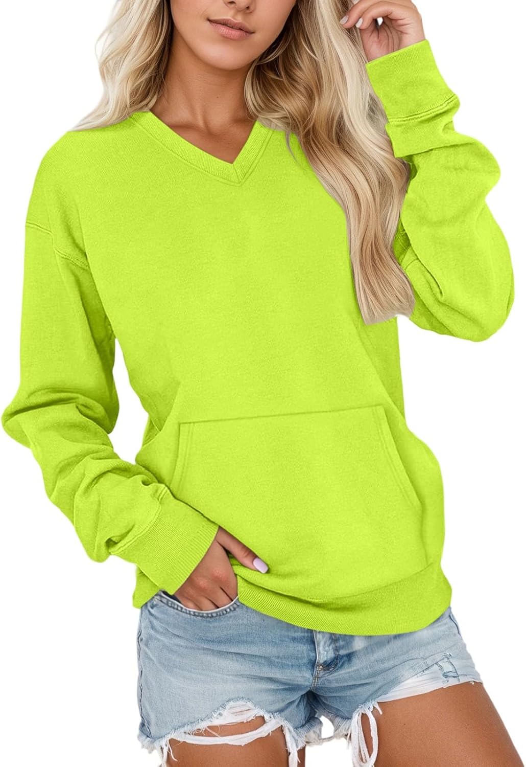 V Neck Sweatshirt Women Pocket No Hood Oversized Pullover Casual Soft Long Sleeve Tops Fall Outfits With Pockets