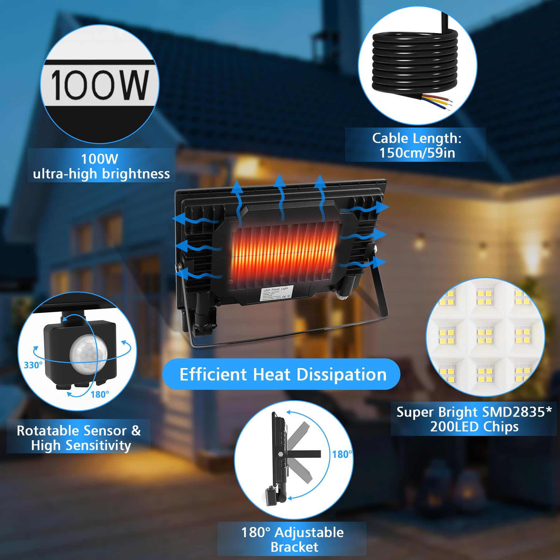 NATPOW 100W Led Strahler mit Bewegungsmelder Aussen, 11000LM 6000K Aussenstrahler Fluter mit IP66 Wasserdicht Superhell Scheinwerfer Außenstrahler für Garten Garage Sportplatz Hinterhof