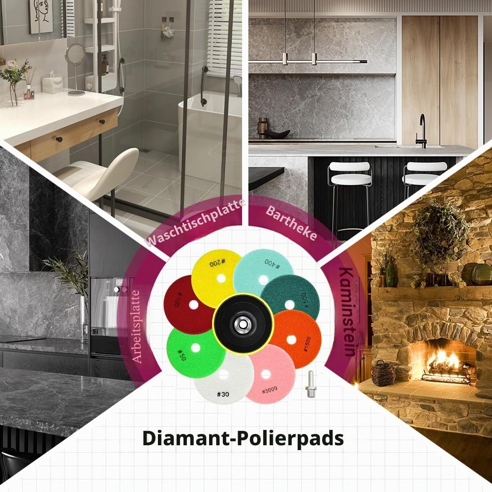Diamant Polierpads Körnung 30-12 Stücke Nass Polierscheiben 100mm für Granit Marmor Quarz Kunststein, für Winkelschleifer