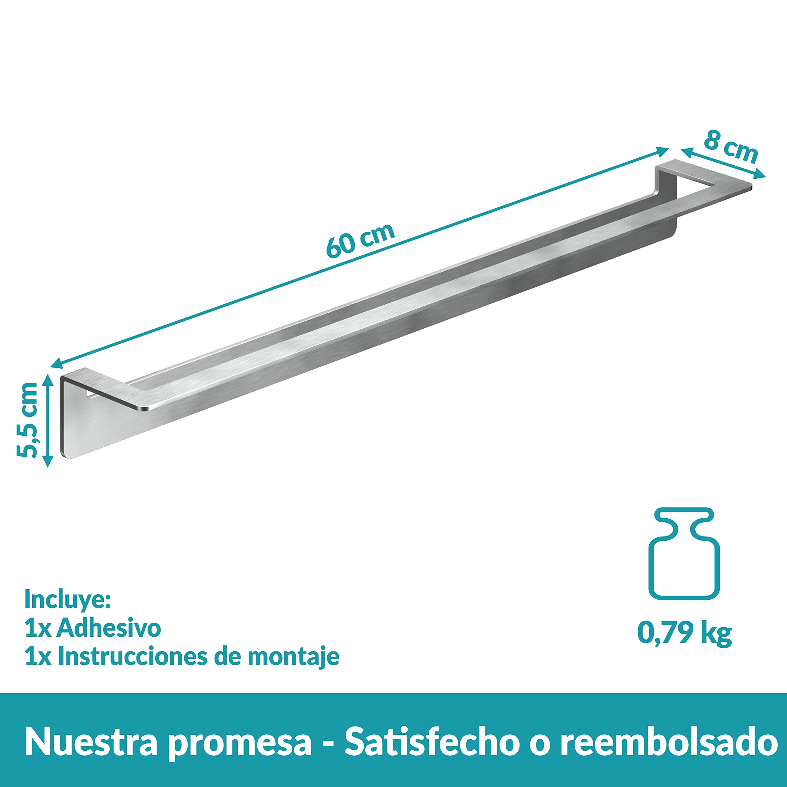 WEISSENSTEIN Toallero de Barra Adhesivo 60 cm - Acero Inoxidable - Portatoallas Pared sin Taladro