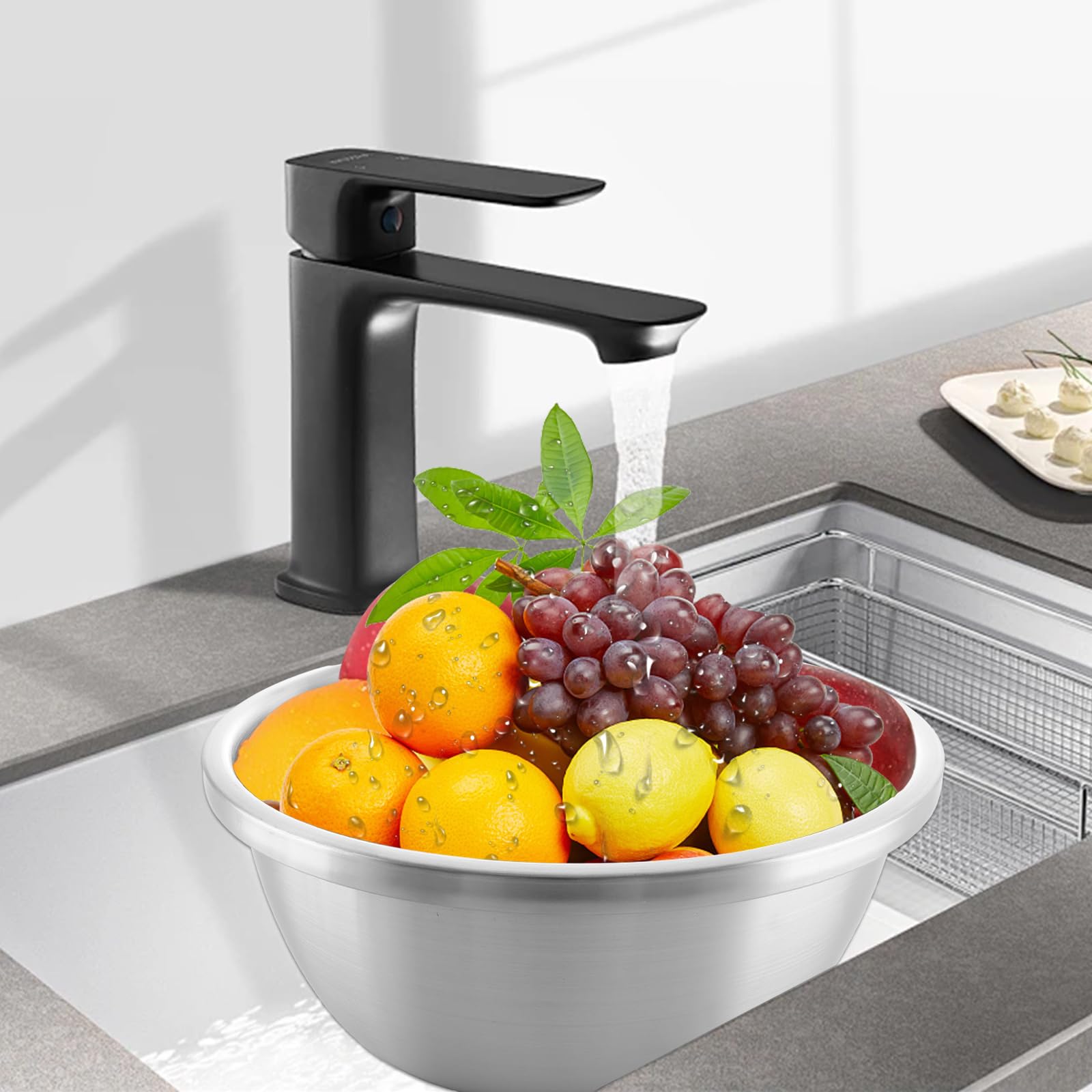 ASelected Lavabo, lavabo circular de acero inoxidable 304, para cocina, cuenco para mezclar, sin plástico, 34 x 13 cm