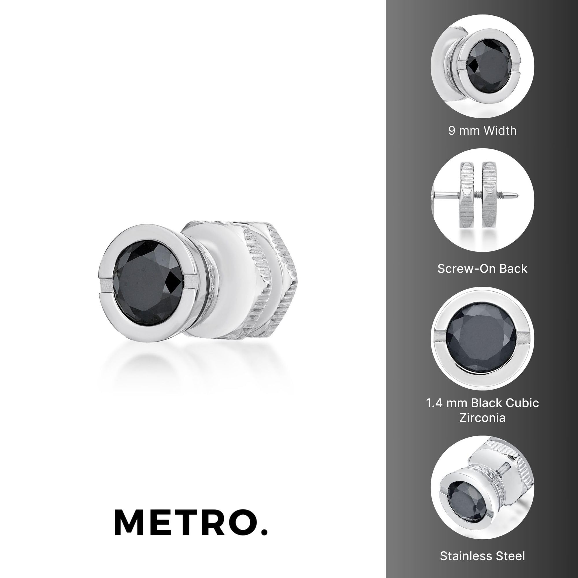 Metro Jewelry - Pendientes redondos de circonita cúbica blanca o negra de 1/20 quilates para hombre en acero inoxidable, 9 mm de ancho con parte trasera de fricción