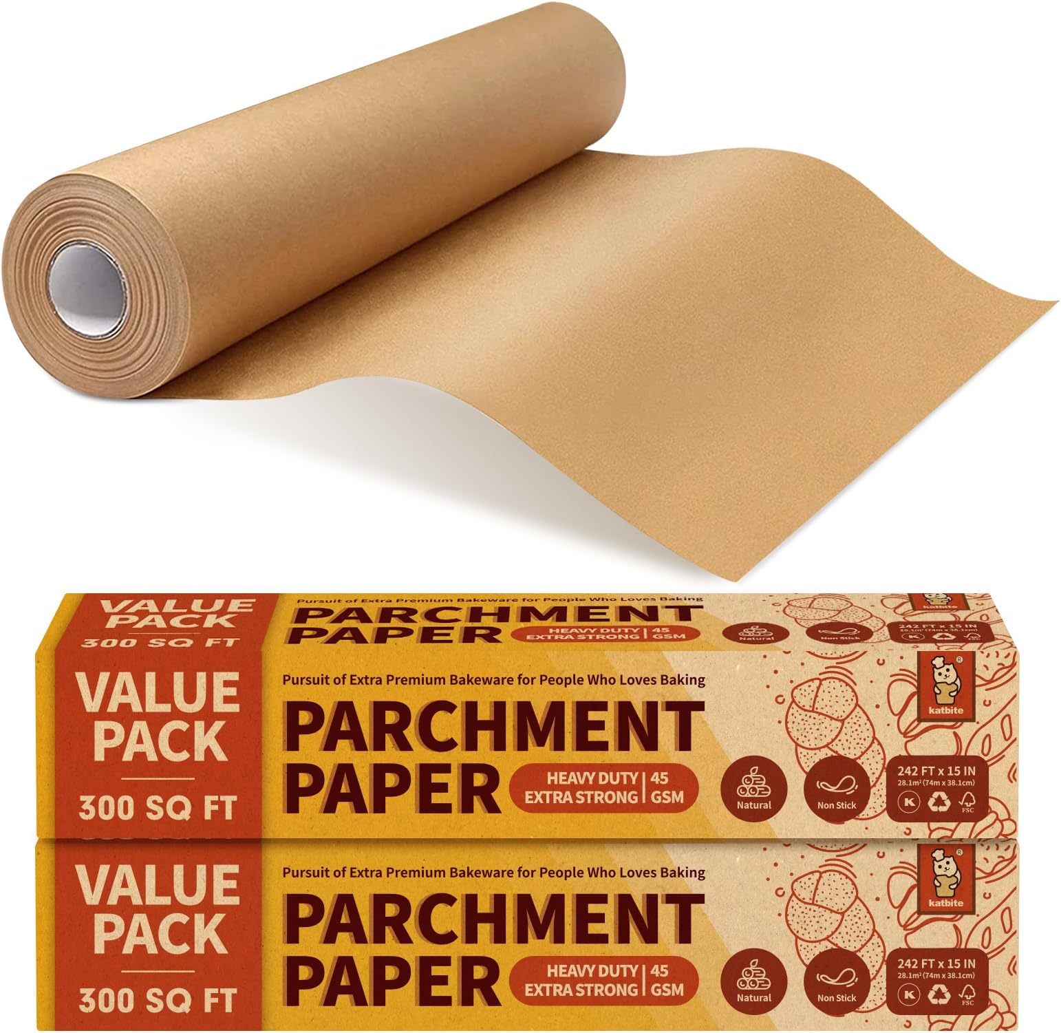 katbite 2 Value Pack 15in x 242ft, 300 Sq.Ft Unbleached Parchment Paper Roll for Baking, Parchment Baking Paper with Serrated Cutter, Non-stick Parchment Roll for Cooking, Air Fryer, Steaming, Bread