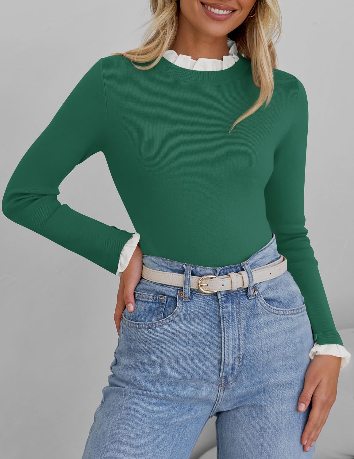 ZESICA Womens Long Sleeve Ruffle Sweaters 2026 Spring Crewneck Color Block Slim Fit Basic Casual Knit Pullover Sweater Tops - Image 2