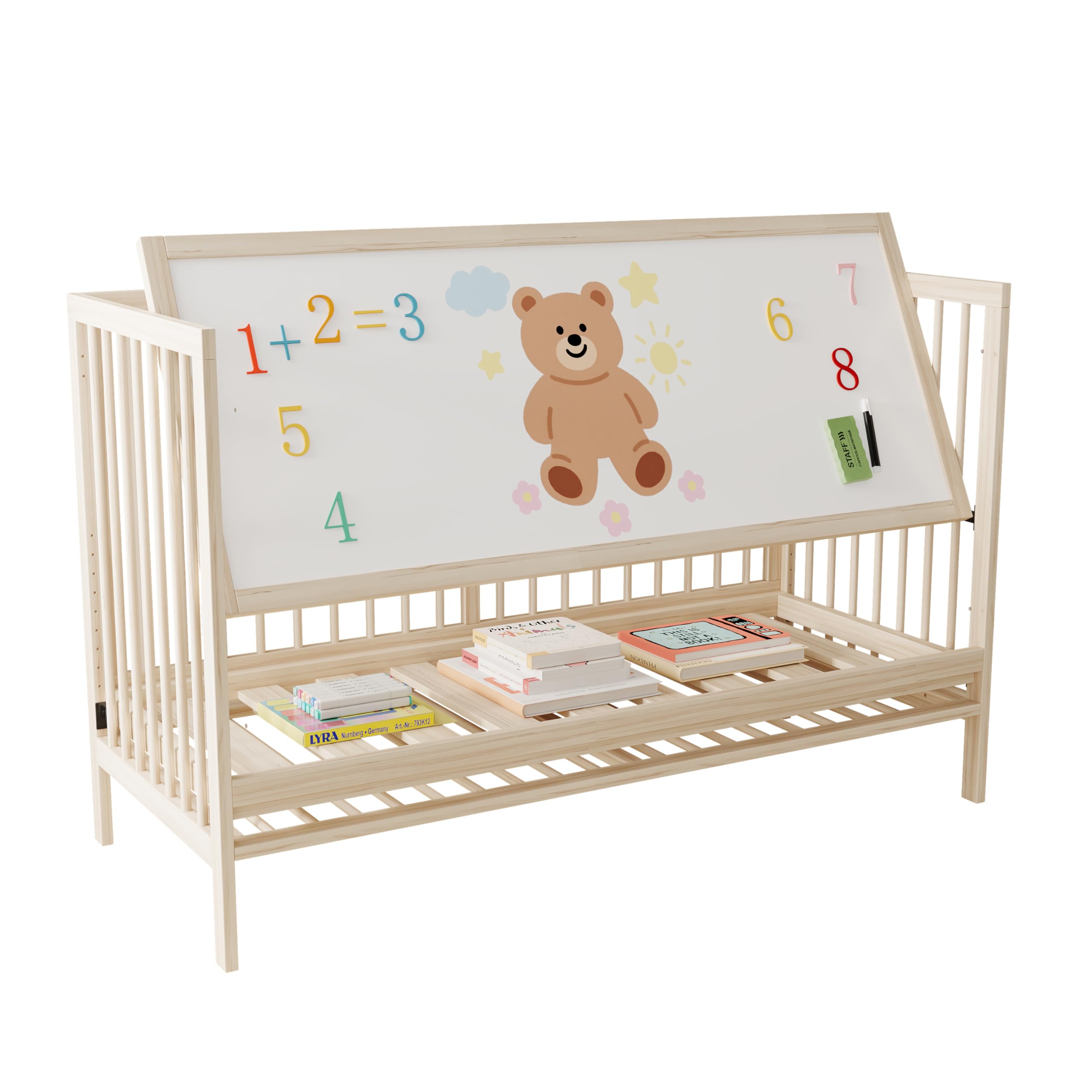 Holz Babybett, multifunktionales Babybett, umwandelbar in Nebenbett/Malerbrettständer/Schreibtisch, höhenverstellbar, ohne Matratze, aus Fichte, naturfarben, 140x60x90cm
