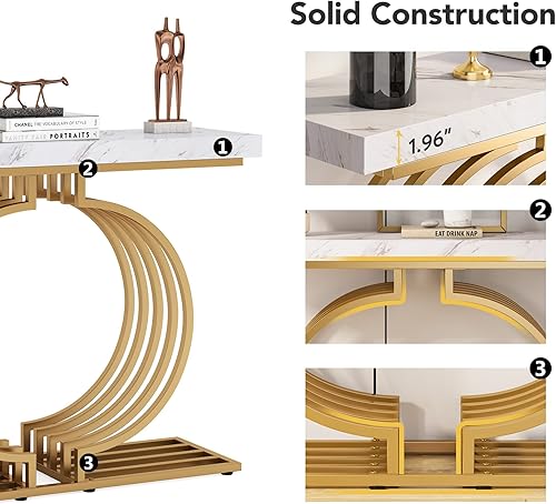 Miniatura 6 de Mesa consola dorada de 40 pulgadas, mesa geométrica para sofá, mesa decorativa moderna para sala de estar, entrada, pasillo, mármol sintético blanco