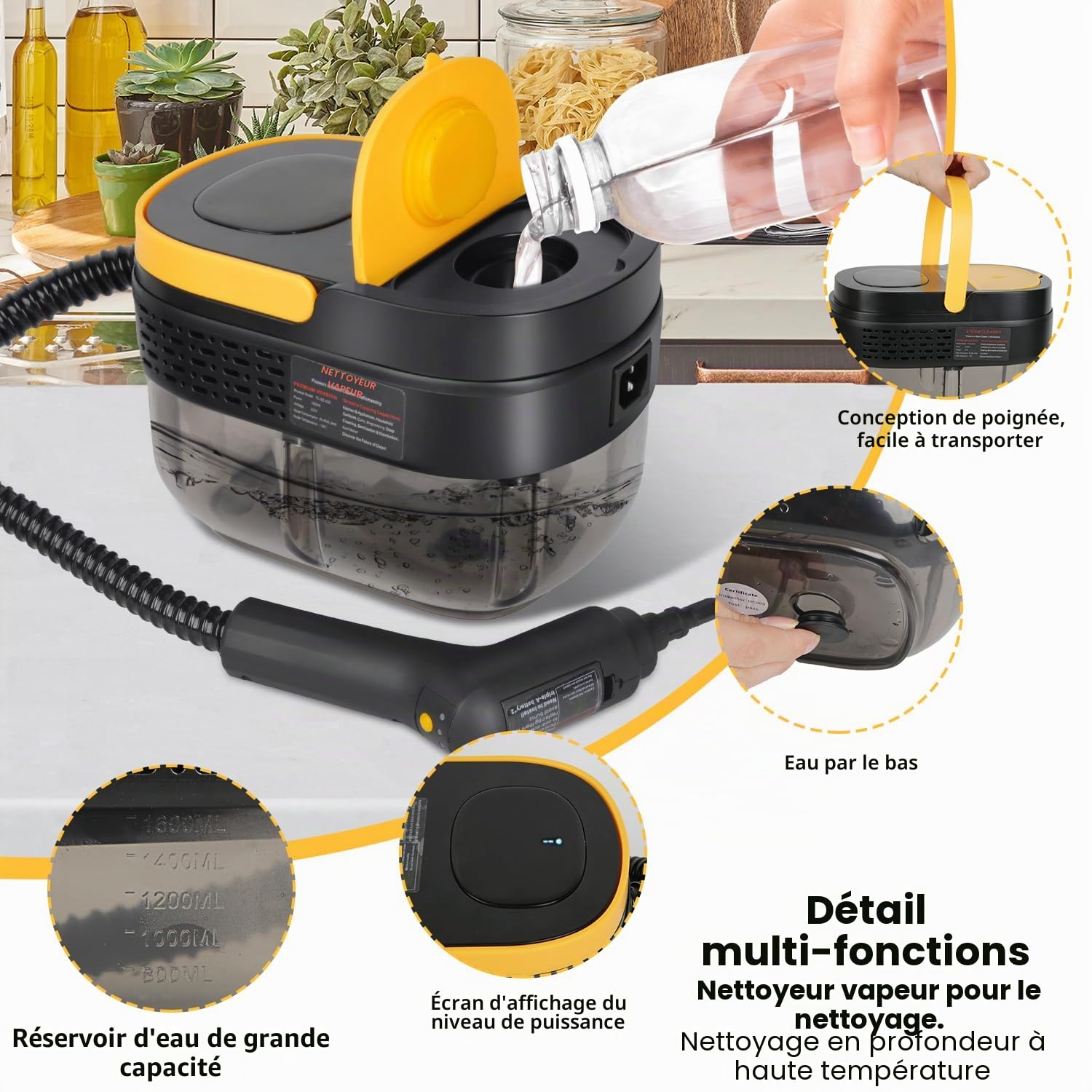 Nettoyeur Vapeur 2500W, Réservoir D’eau 1600ML, Poignée Réglable en 3 Positions, Haute Température 105℃ et Pression 3 Bar, Chauffe Rapide en 15s, 10 Accessoires, pour Voiture, Cuisine (Noir)