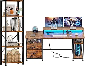 Furologee Computer Desk and Bookshelf Set, 61" Desk with Power Outlet and USB Ports, 5 Tier Narrow Tall Bookshelf, Gaming Desk with Drawer and Monitor Stand, Rustic Bookcase Standing Shelves Unit