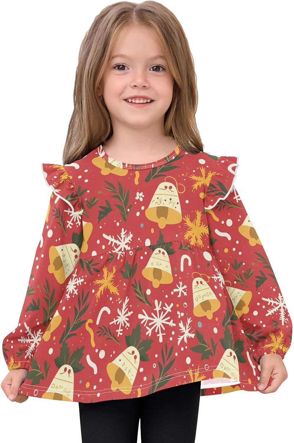 visesunny Toddler Clothes for Girls Christmas Bell Pattern Long Sleeve Fall Shirts Cotton Top with Ruffle Collar
