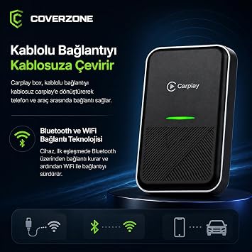 Coverzone Wireless Carplay P10 Kablosuz Dönüştürücü USB ve USB-C Bağlantı Destekli Bluetooth ve WiFi ile Bağlantı OTA Güncelleme Destekli 61.5x37.5x12mm Carplay Box | ZR771