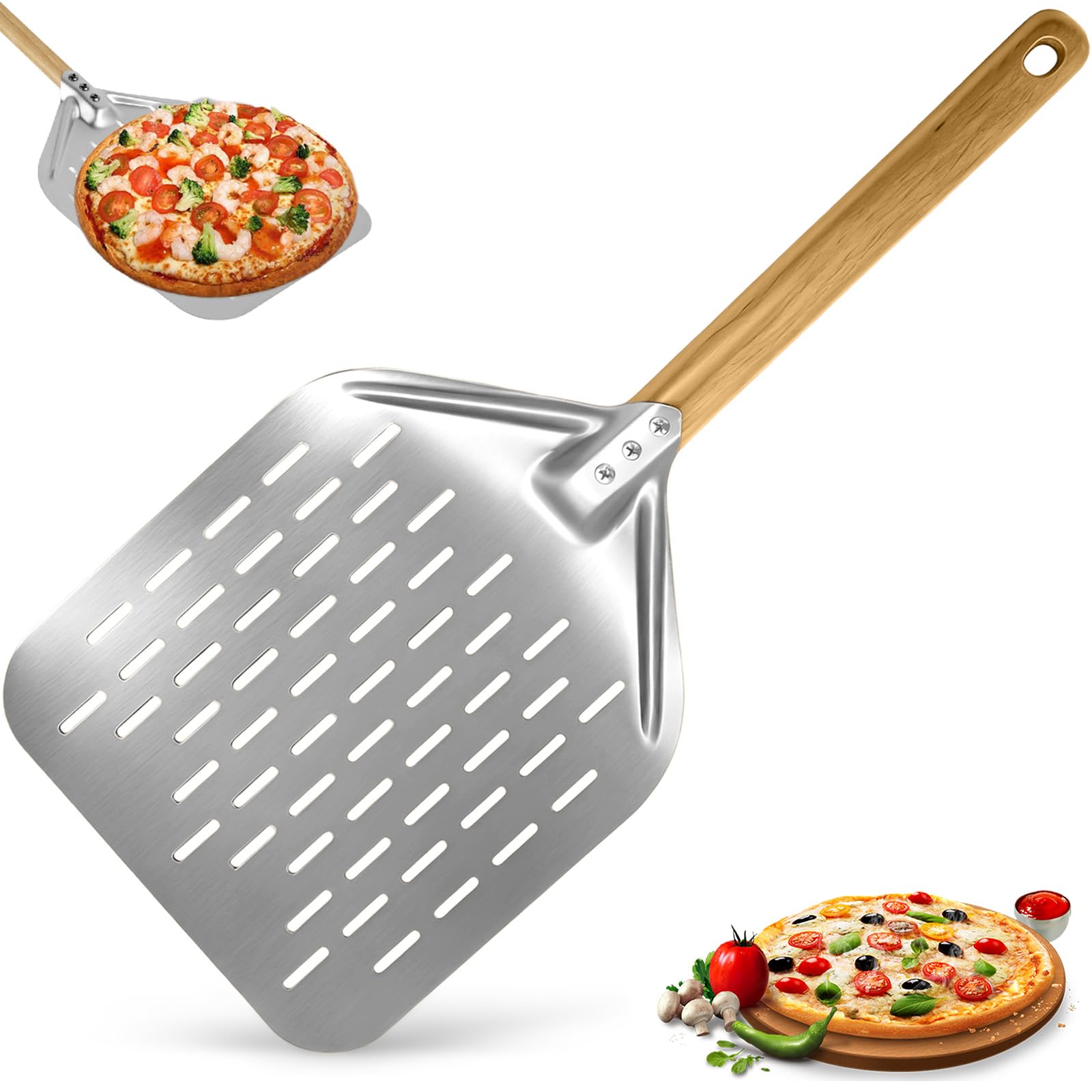 Pelle à Pizza Perforée 39,5 x 30 cm avec Poignée en Bois Longue Amovible, Spatule Pizza en Aluminium 12 Pouces, Coupe à Pizzas Grande Surface, Pelle Pain Cuisson Professionnelle pour Barbecue et Four