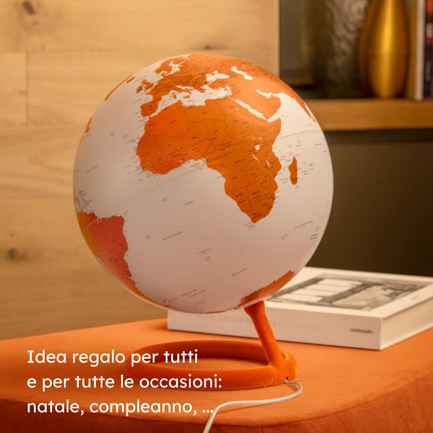 Tecnodidattica Atmosphere Evolve Velvet Corniola - Mappamondo dal Design Scandinavo con lampada a colori, Cartografia Politica in lingua inglese, Diametro 30 cm e Made in Italy