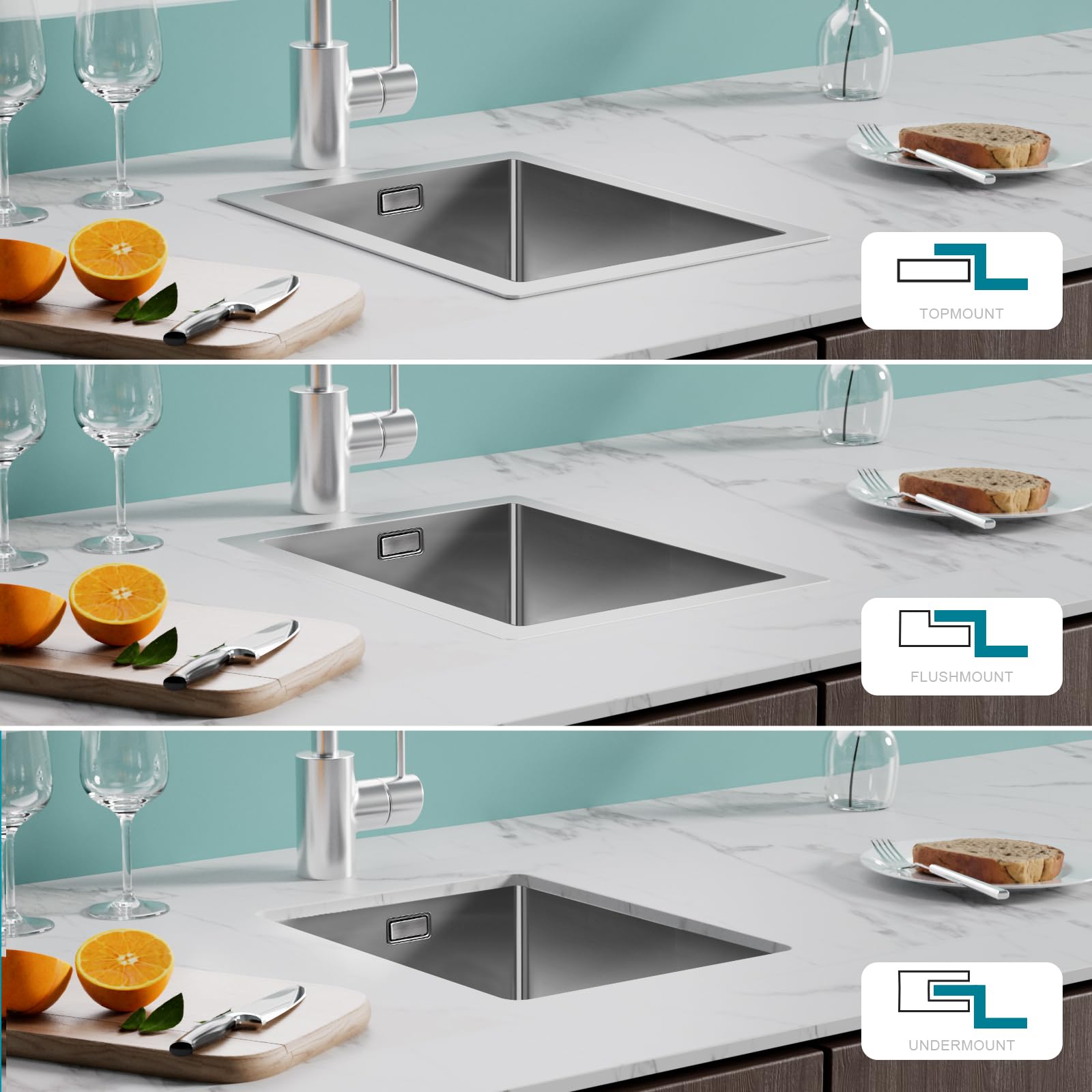 Fregadero de cocina de acero inoxidable 304 de 350x500x190mm con desagüe, fregadero de cocina pequeño con montaje inferior, de un solo tazón, reducción de ruido, montaje inferior, a ras de