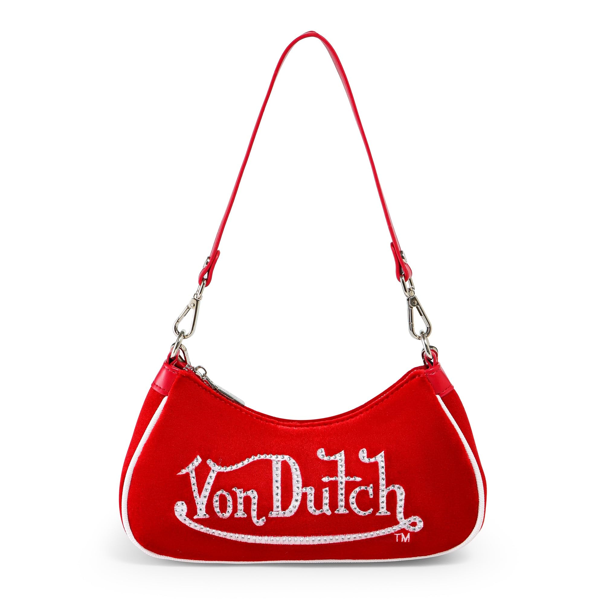 Von Dutch Purse Shoulder Bag, Velvet Handbag Rhinestone Logo and Silver Chain with Wrench