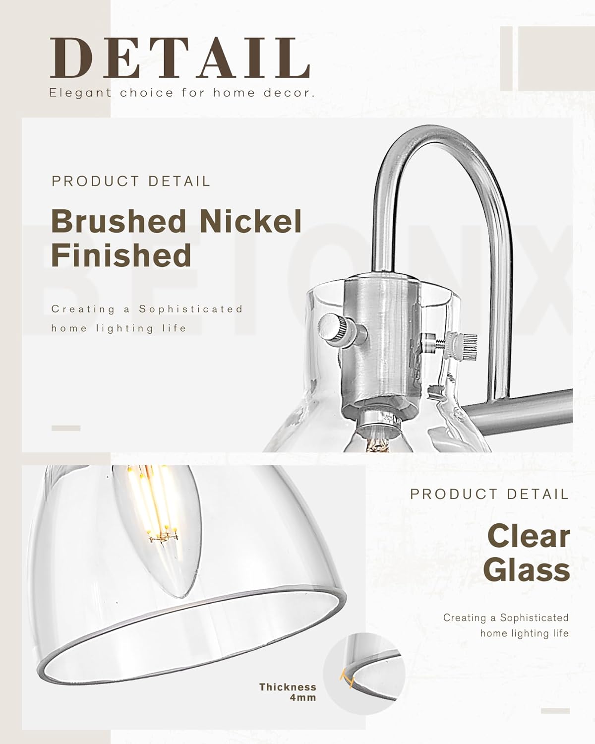 beionxii brushed nickel bathroom light fixtures, 3-light bathroom light fixtures over mirror, bathroom vanity light with clear glass shade, modern vanity lighting for livingroom hallway, bx-vl02bn-3cg brushed nickel 3-light