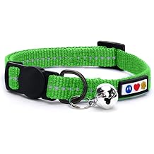 Pawtitas Recycled Green Reflective Cat Collar Eco-Friendly Breakaway Safety Buckle, Adjustable Kitten & Adult Collar with Removable Bell and High-Visibility Strap