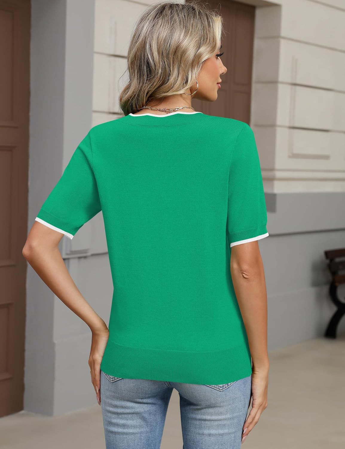 LOMON Womens 2026 Spring V Neck Sweater Casual Tops Short Sleeve Lightweight Ribbed Knit Pullover Sweaters - Image 3