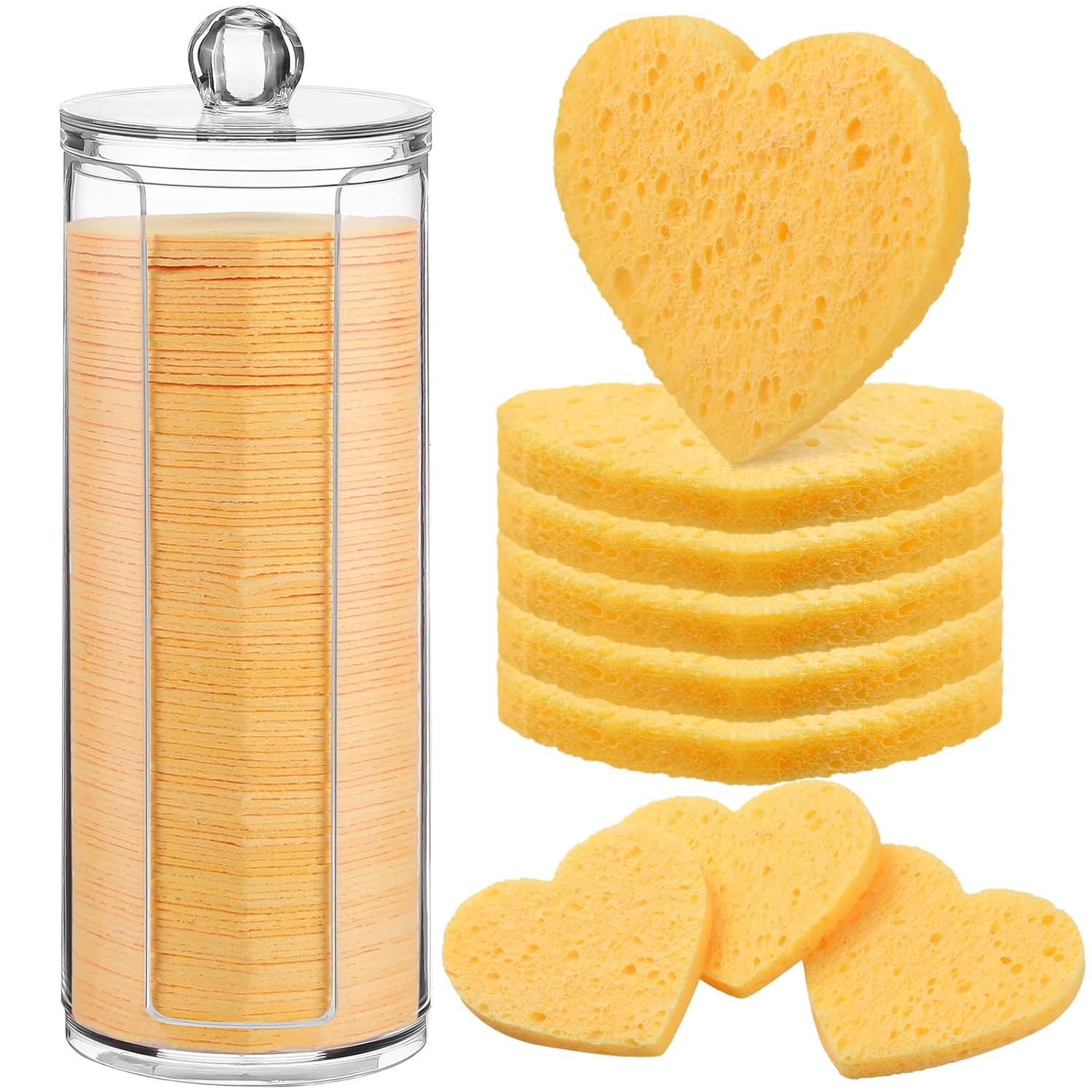 120 Pcs Compressed Facial Sponges with Container Heart Shape Face Sponge Natural Disposable Sponge Pads for Washing Face Cleansing Exfoliating Esthetician Makeup Removal (Yellow)