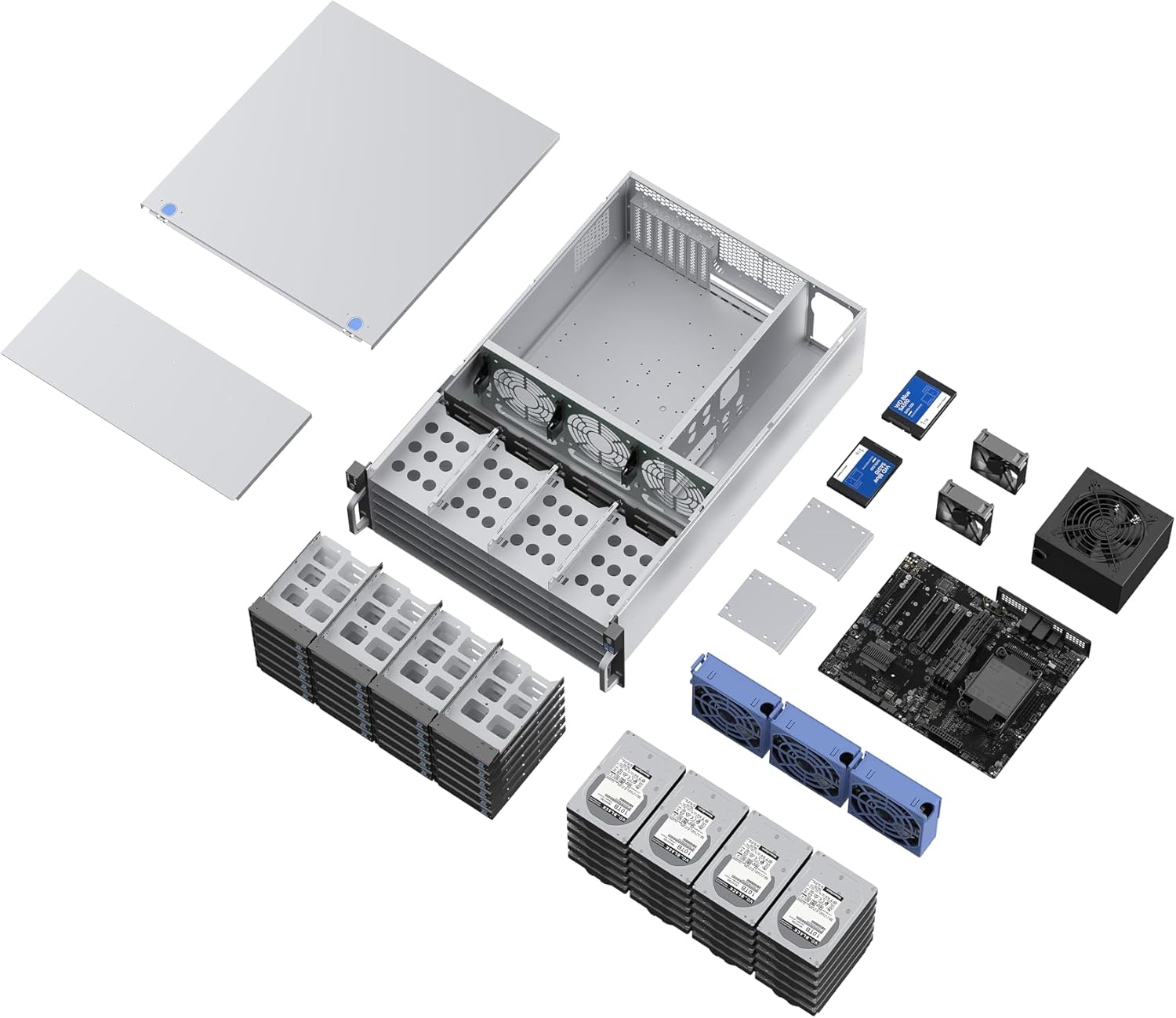 Exploded view of Rosewill 4U Rackmount Server Chassis components